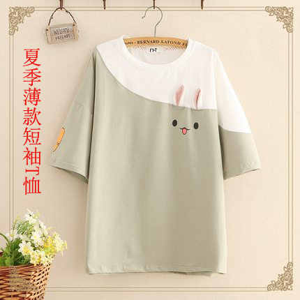 Light Green Thin Stereo Rabbit EarsJade 9 junior middle school high school student Short sleeve T-shirt summer wear lovely Half sleeve Compassionate easy summer Eldest child Girl Dress