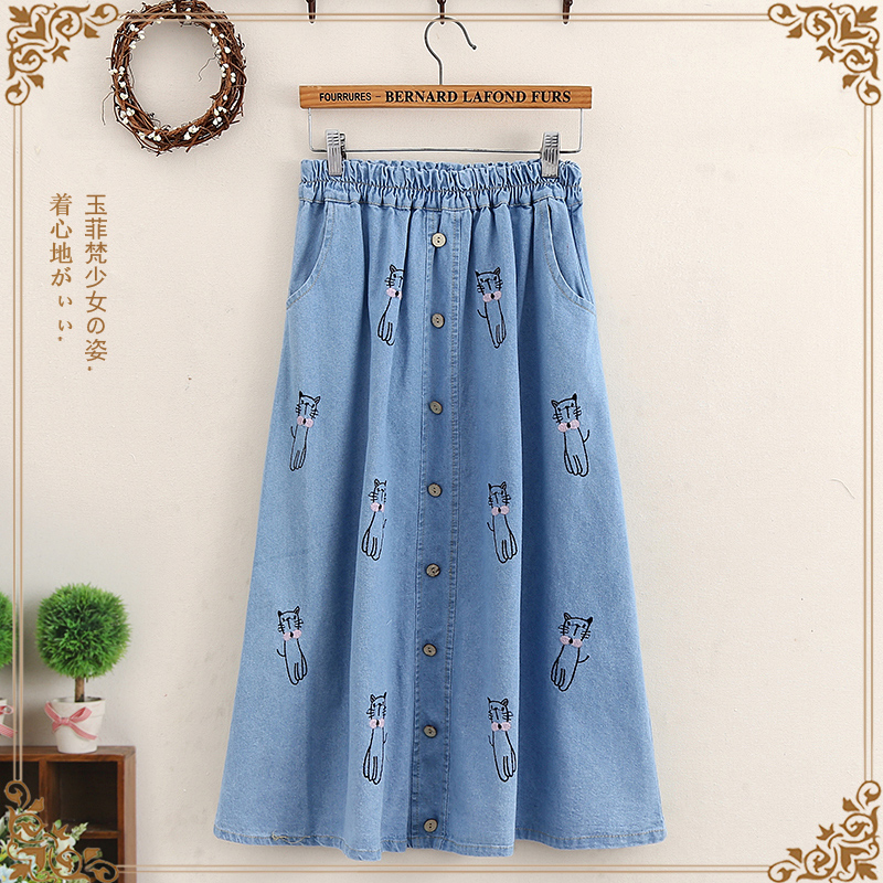 Denim Blue CatPromotion junior middle school high school student cowboy skirt summer wide Elastic waist new pattern Medium length skirt Girl Skirt summer wear