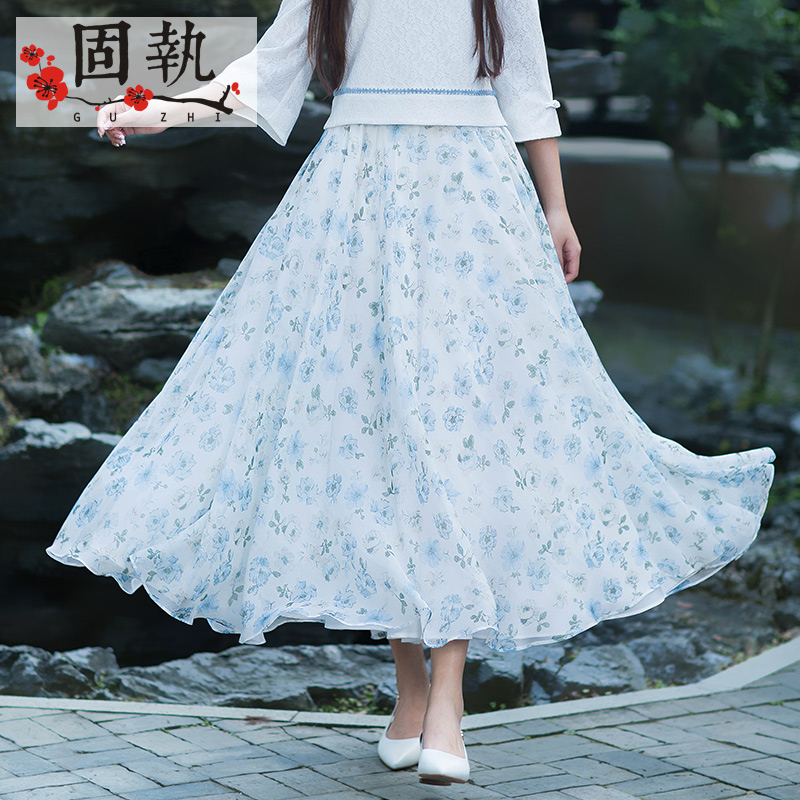 Blue Flowerstubborn 2021 summer new pattern literature Retro gauze Broken flower Elastic waist longuette skirt