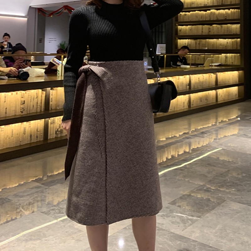 Coffeetwo-sided Wool skirt female A word Frenulum bow High waist Wool skirt 20 Autumn and winter new pattern thickening Wool