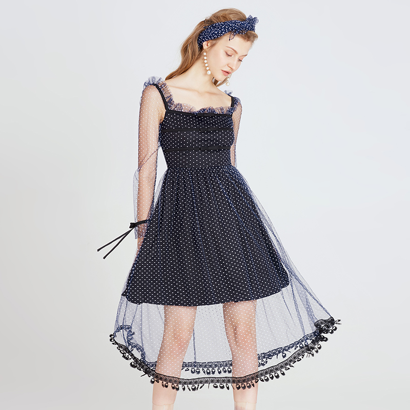 Blue DotYigelila 2021 early spring new pattern temperament square neck Long sleeve Close your waist A-line skirt Wave point perspective Netting Dress