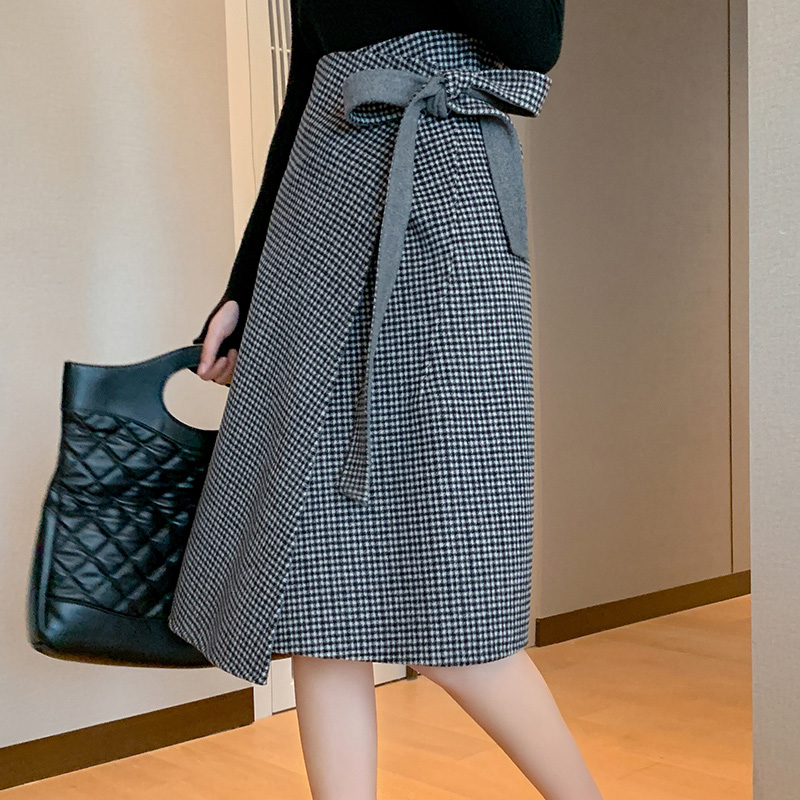 Black And Whitetwo-sided Wool skirt female A word Frenulum bow High waist Wool skirt 20 Autumn and winter new pattern thickening Wool