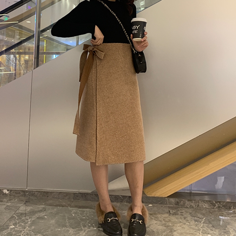 Khakitwo-sided Wool skirt female A word Frenulum bow High waist Wool skirt 20 Autumn and winter new pattern thickening Wool