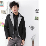 2011新潮品 韩版 修身 男士 拼色 一粒扣 连帽 假两件 小西装西服