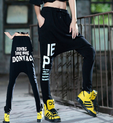 标题优化:春装新款显瘦哈伦裤女韩版潮嘻哈hiphop吊裆裤宽松街舞运动裤纯棉