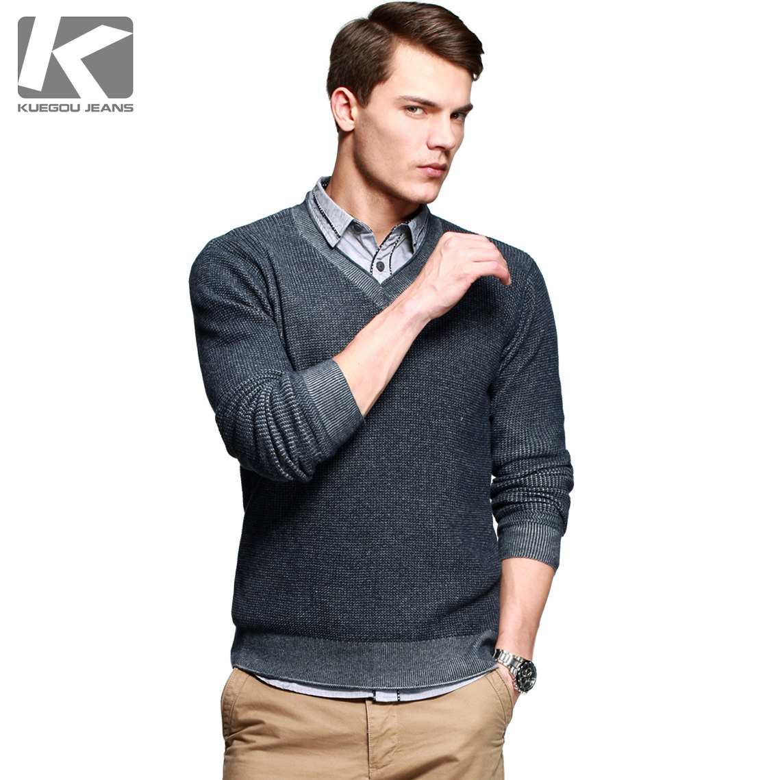 KUEGOU <em>时尚</em>针织衫 <em>男士</em>秋冬<em>薄毛衣</em> 舒适纯棉