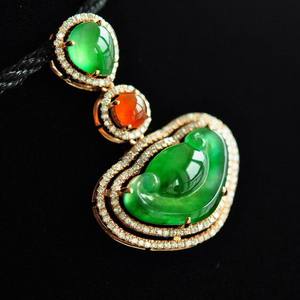 正品A货翡翠冰种满绿如意吊坠--豪华镶嵌--美仑