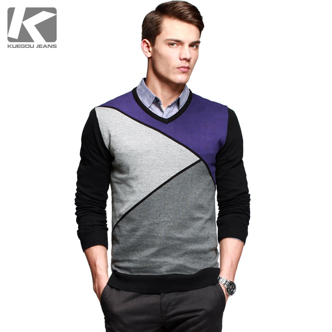 KUEGOU <em>时尚</em>针织衫 <em>男士薄毛衣</em> V领套头衫 男