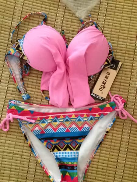 亦蔻正品分体三角玫红荧光比基尼女泳衣大小胸聚拢钢托泳装bikini