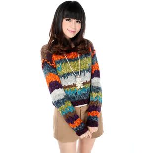 手工编织粗棒针复古套头女<em>韩版短款</em>彩线条纹毛