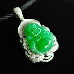 正品A货翡翠冰种满绿如意吊坠--豪华镶嵌--美仑