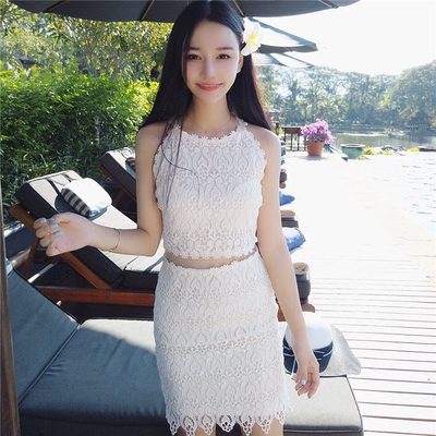 景亦 2016新款韩版网纱拼接无袖蕾丝连衣裙修
