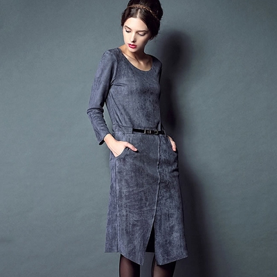 欧洲站特价清仓女装2016新款欧货鹿皮绒连衣