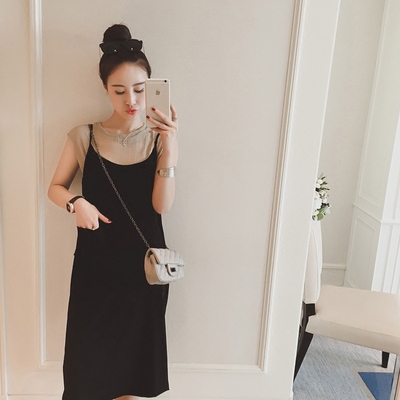 2016新款纯色套头针织T恤+吊带裙两件套休闲