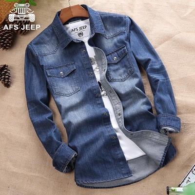 牛仔衬衫男长袖秋季厚款修身上衣服男寸衫男青