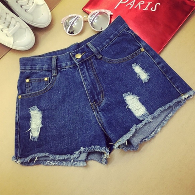 牛仔短裤女夏高腰磨破洞毛边宽松大码女装胖m