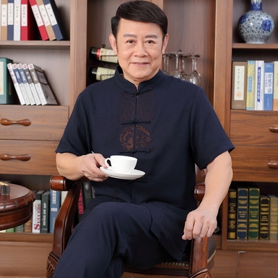 父亲节亚麻唐装男士套装刺绣夏装爷爷中老年人短袖中式棉麻爸爸装