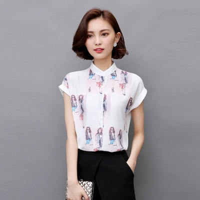 短袖雪纺衫女2016夏装女宽松印花一字肩上衣