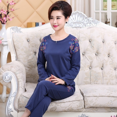 中年睡衣女秋纯棉胖MM加大码妈妈中老年家居