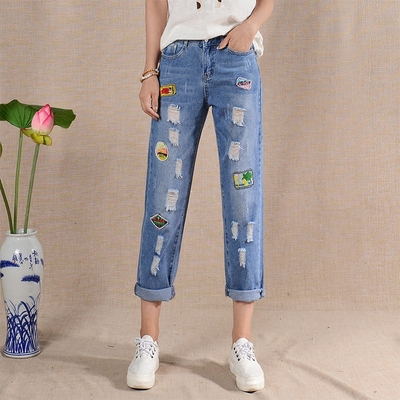 2016新款bf破洞牛仔裤女宽松九分裤贴布休闲
