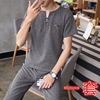 夏季韩版男装一套修身短袖亚麻t恤衫潮流男士九分长裤运动套装男 夏季韩版男装一套修身短袖亚麻t恤衫潮流男士九分长裤运动套装男
