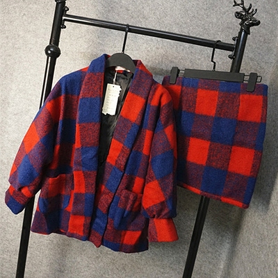 2016冬季新款女装时尚格子毛呢外套+包裙半身