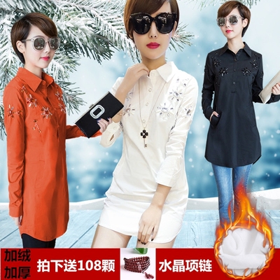 加绒加厚中长款打底衬衫女长袖保暖秋冬衬衣韩