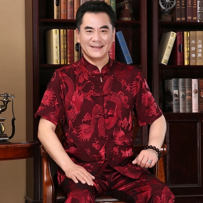 唐装男中老年短袖大码衬衫爸爸装中式过寿老人衣服男爷爷夏季套装