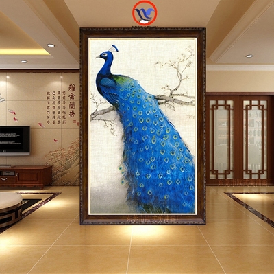 纯手绘孔雀画定制玄关走廊竖版装饰油画欧式别墅配画墙画动物壁画