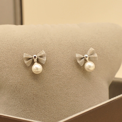 925纯银针简约百搭珍珠蝴蝶结耳钉女韩国 甜美