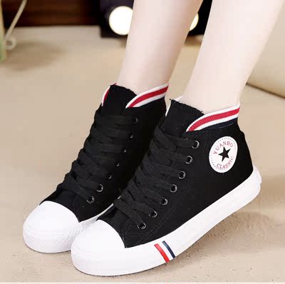 2016秋冬款高帮帆布鞋女鞋平底中小学生黑色