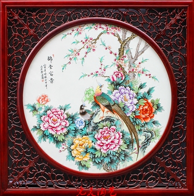 景德镇名家手绘瓷板画粉彩牡丹挂壁画客厅玄关挂屏旺风水装饰瓷画