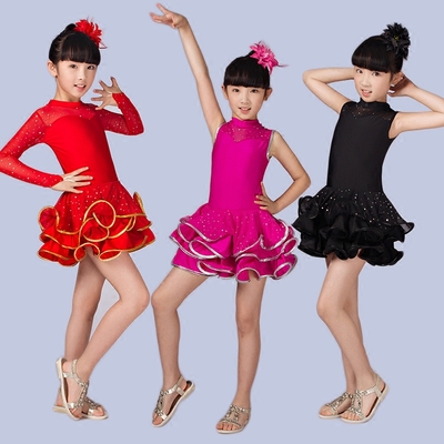 儿童拉丁舞服装女童比赛表演裙连体舞蹈短袖练功服演出服春夏考级