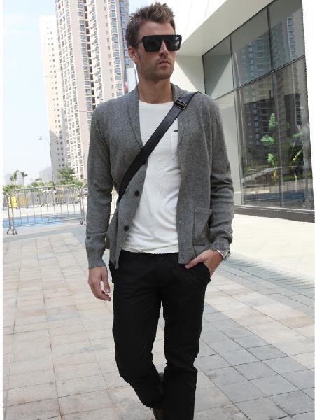 viishow男士针织衫时尚休闲<em>翻领开衫</em>纯色潮针